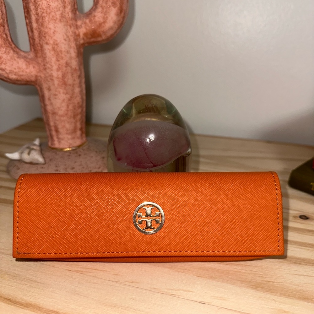 Orange Tory Burch Eyeglasses Case with Cleaning Cloth.